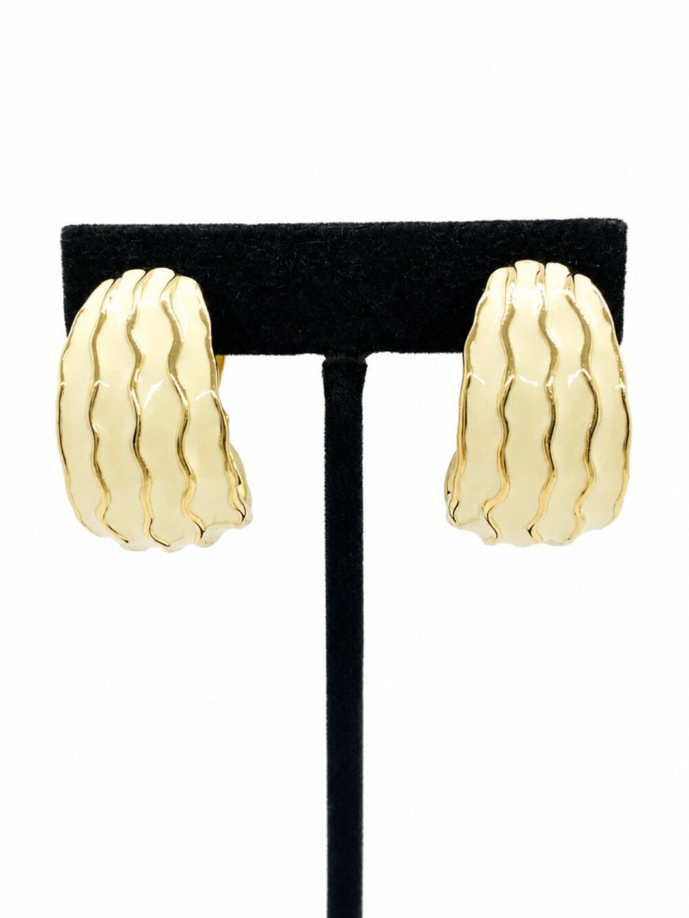 VINTAGE ST JOHN Earrings Cream Enamel Gold Tone Wavy Half Hoop Clip On